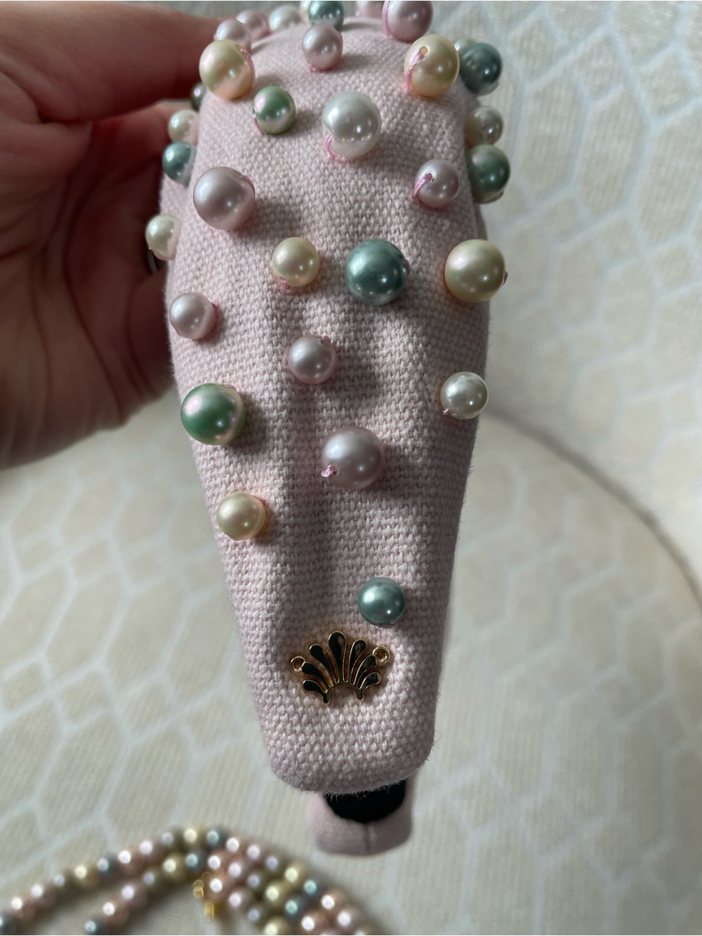 Lele Sadoughi Pink Headband with Multicolor Pearls